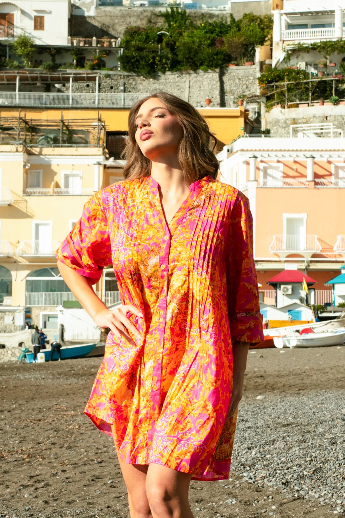 Antica Sartoria Front-open dress in Fuchsia – 100% Cotton
