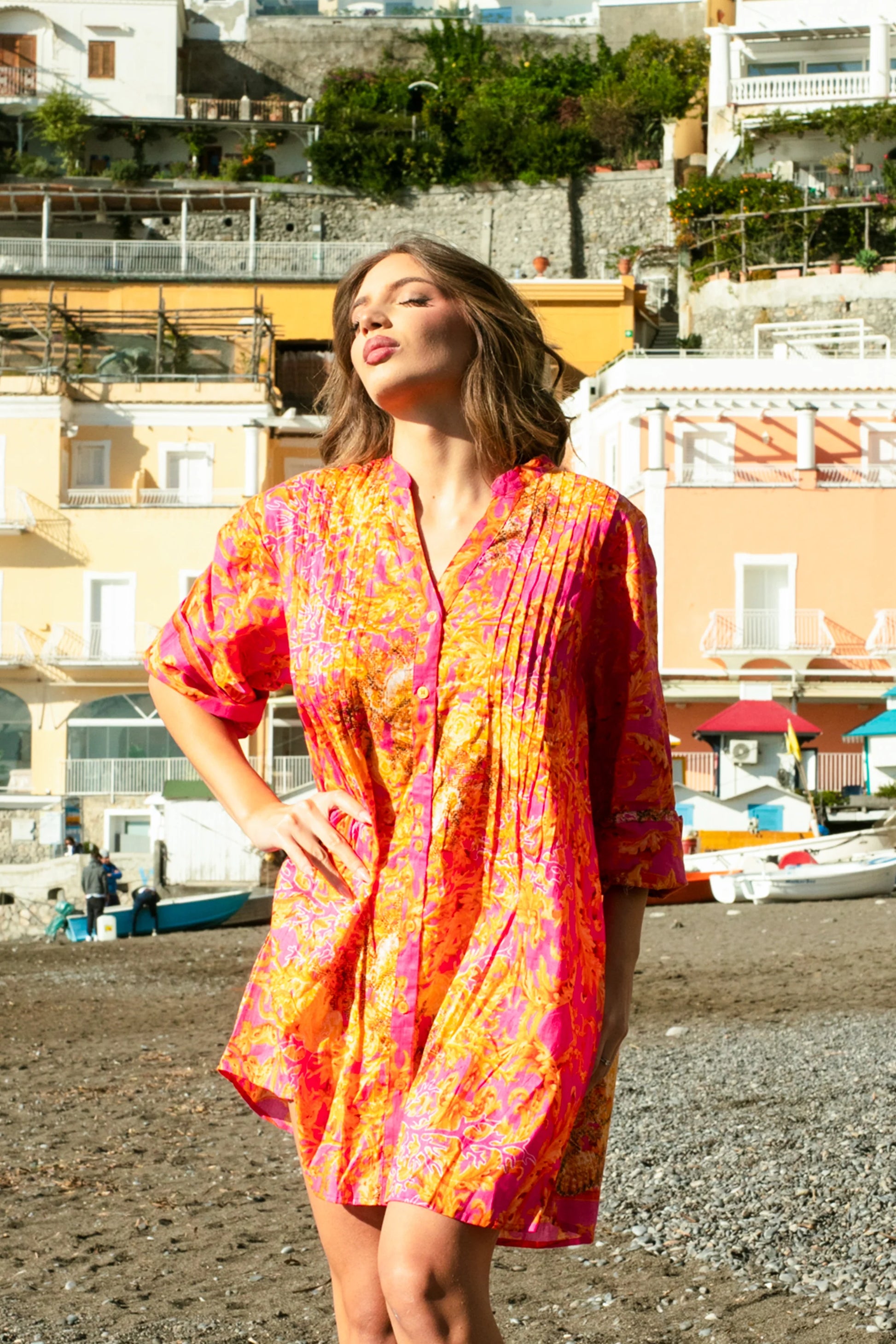 Antica Sartoria Front-open dress in Fuchsia – 100% Cotton