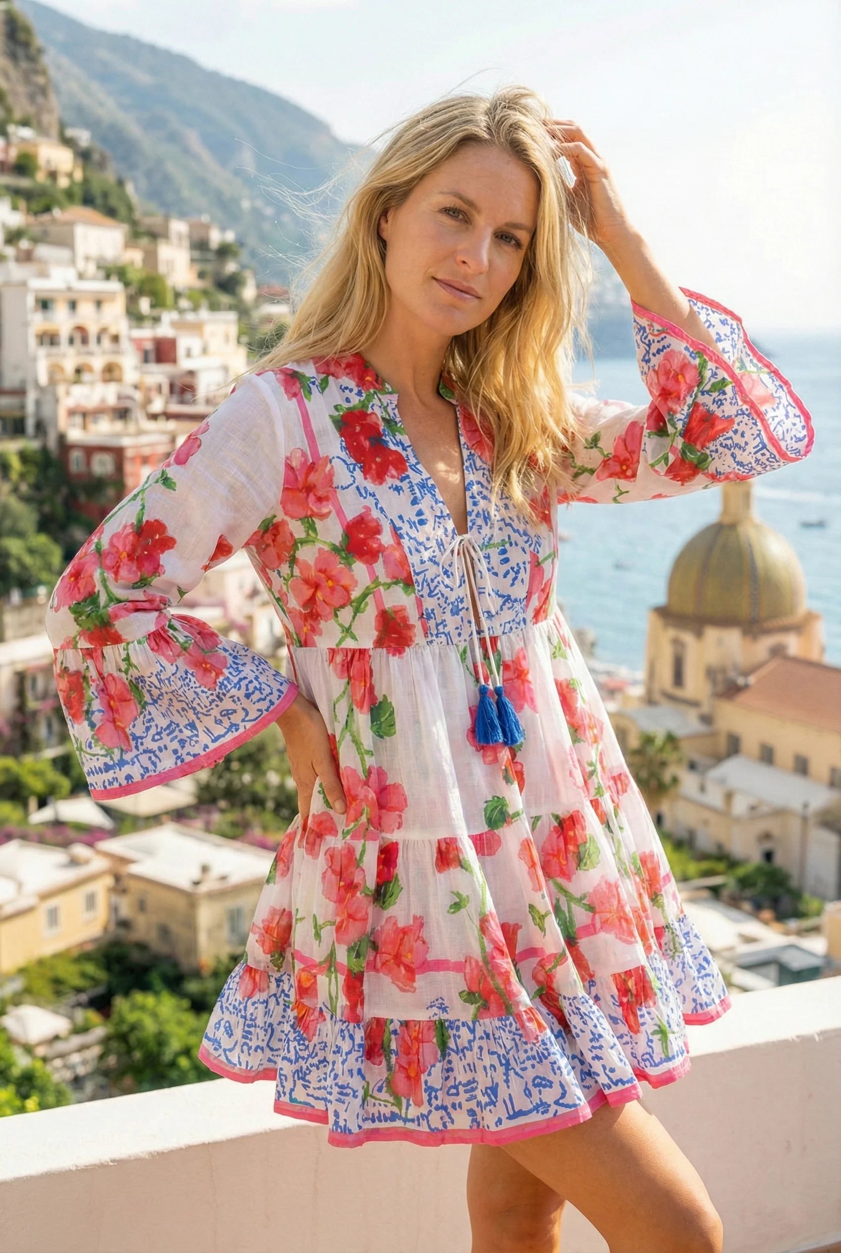 Antica Sartoria Short dress with mandarin collar in Fuchsia – 100% Cotton