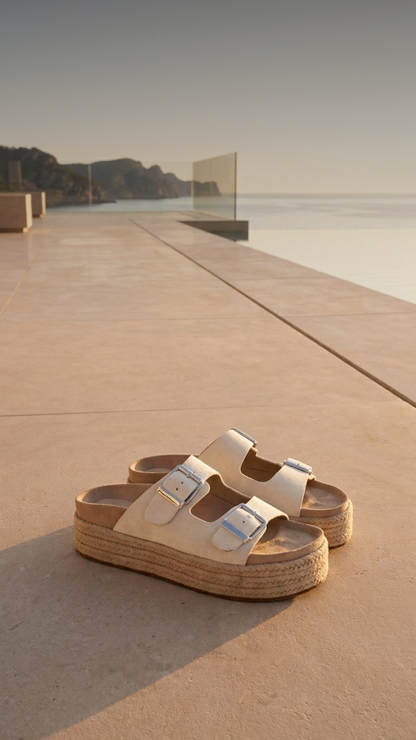BUCKLED WEDGE MULE IN NATURAL
