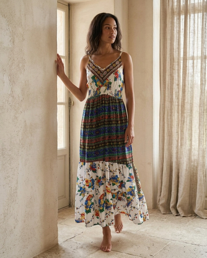 Flower Details Boho Dress in white