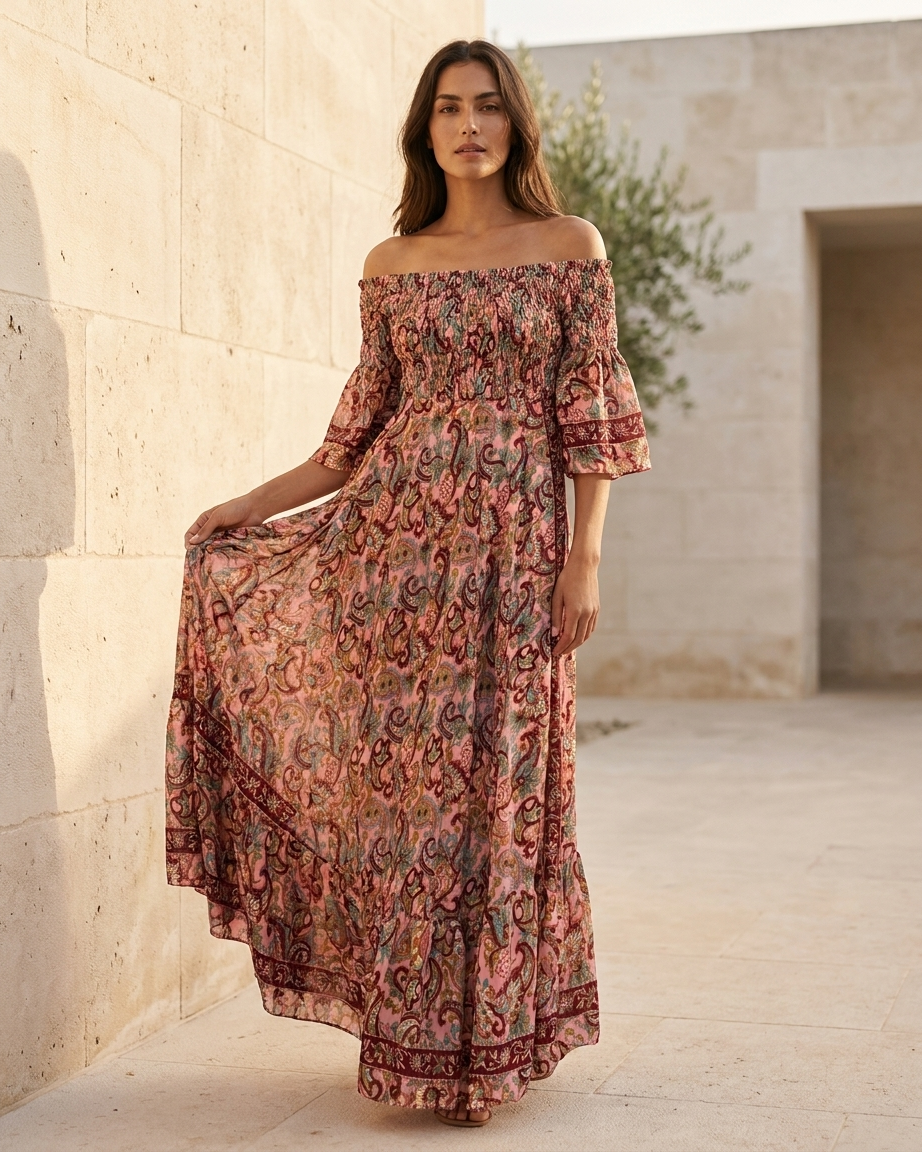 Off shoulder Boho Dress in pink
