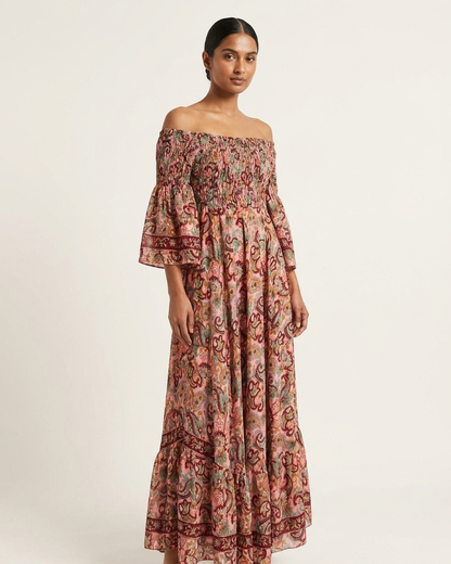 Off shoulder Boho Dress in pink