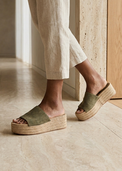SUEDE WEDGE MULE IN KHAKI