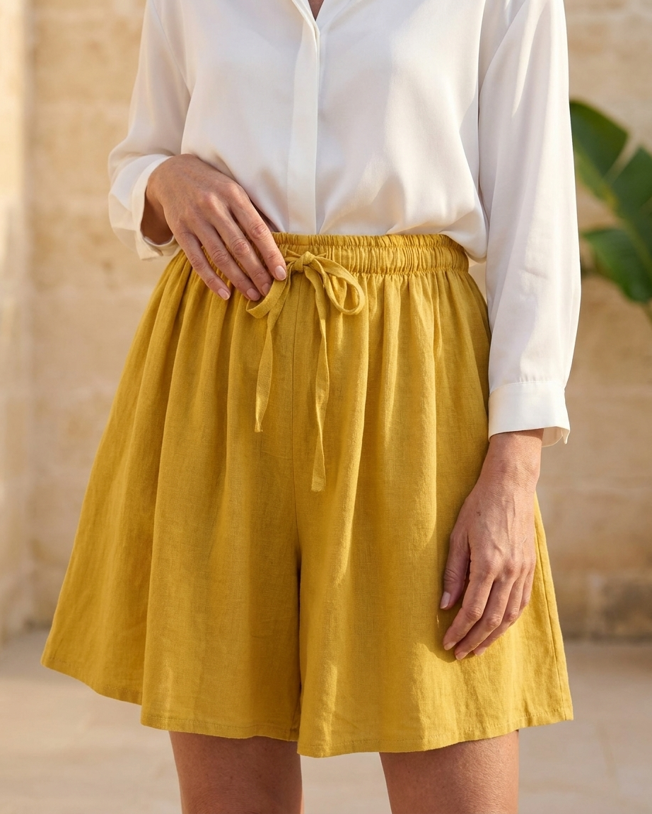 LINEN SHORT IN MUSTARD
