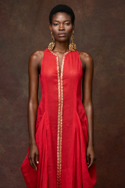 Red Linen Dress With Metallic Trim