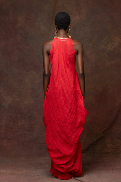 Red Linen Dress With Metallic Trim