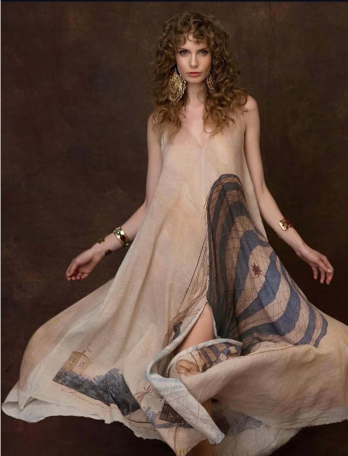 Printed Premium Beige linen Dress