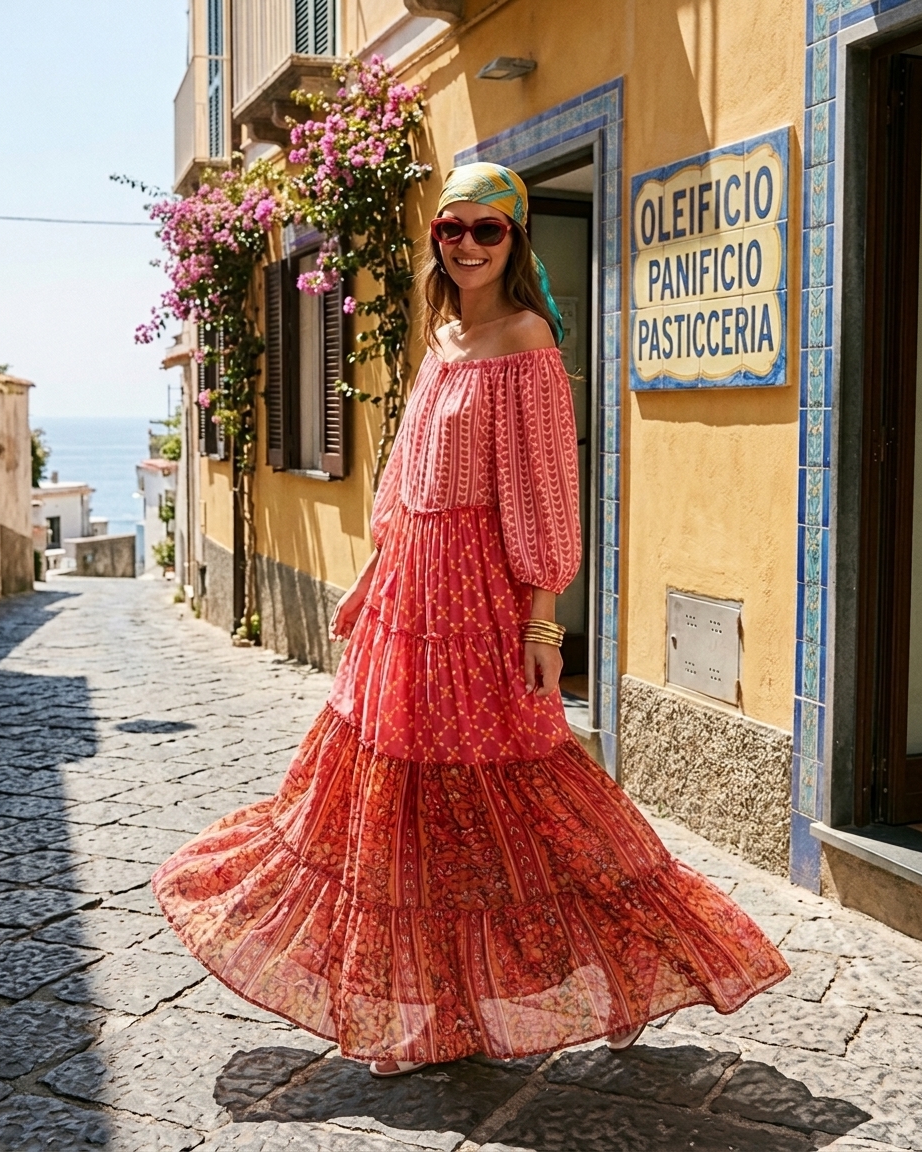 Off shoulder Boho Dress in pink