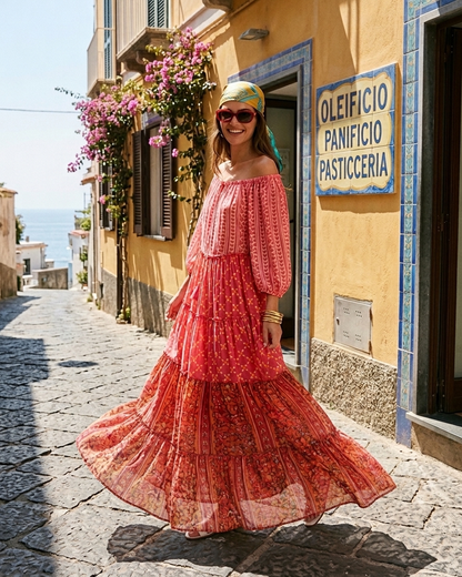 Off shoulder Boho Dress in pink