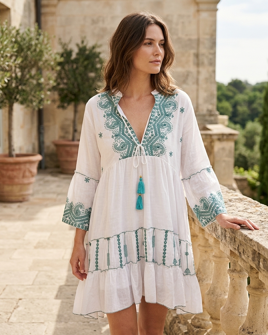 Boho Dress in Blue and White