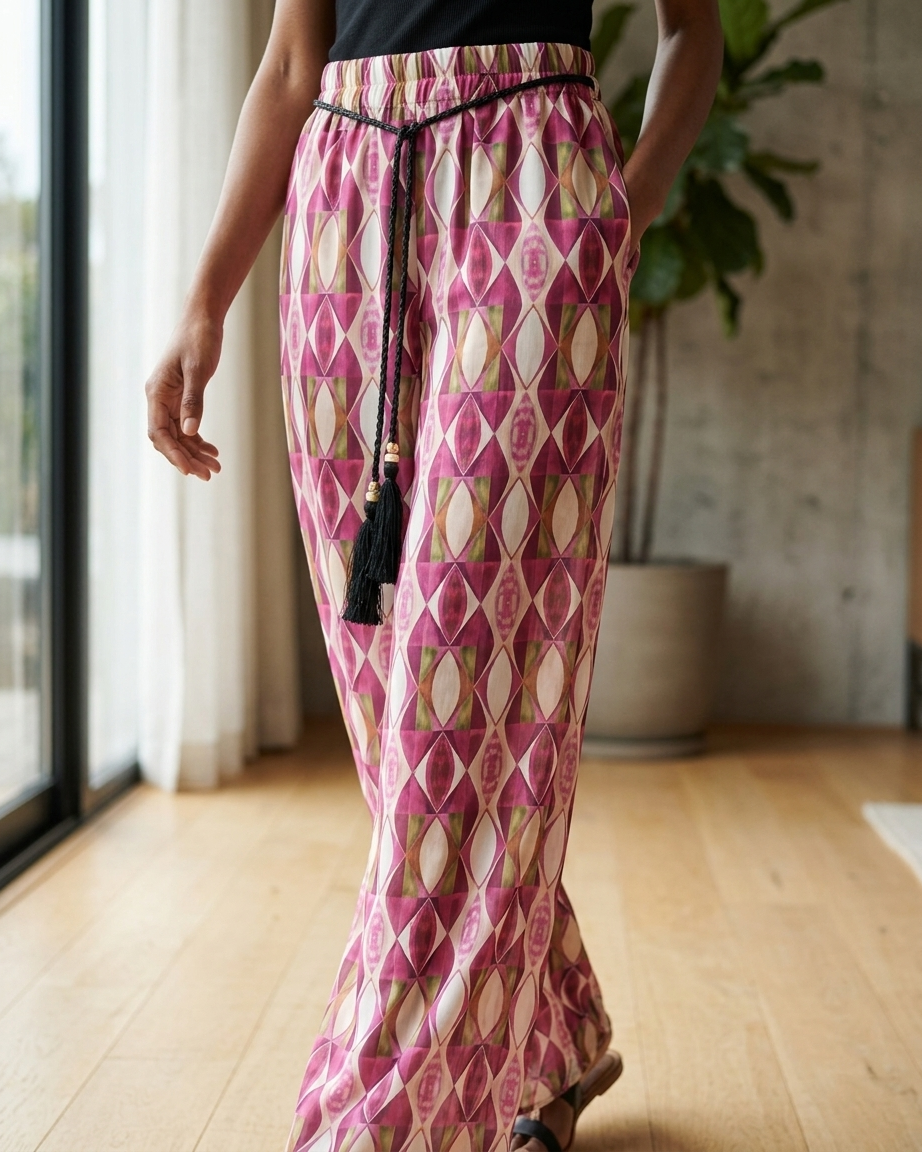 Abstract Wide-Leg Pants in Pink by Paola Pellini