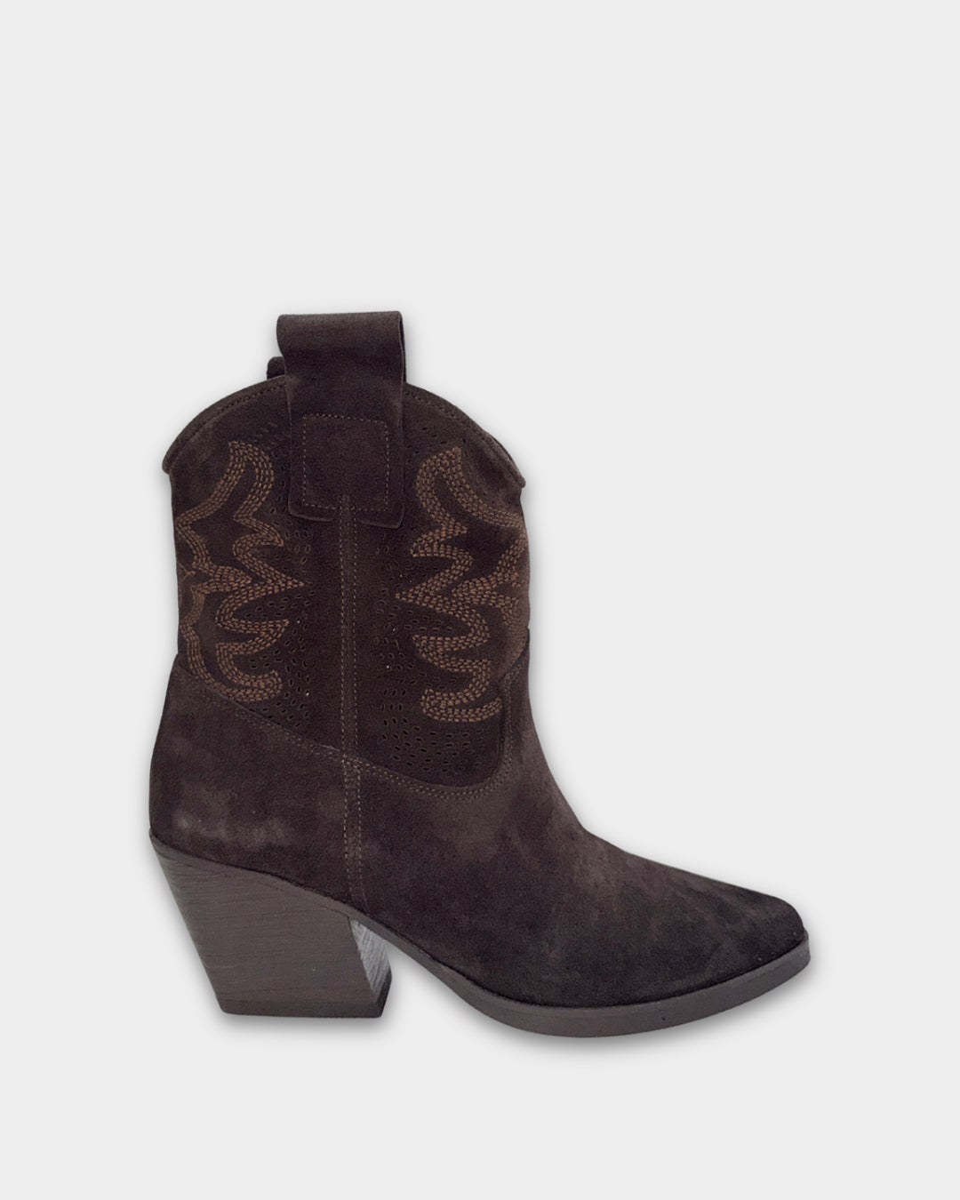 Dark brown suede cowboy boot on a light gray background