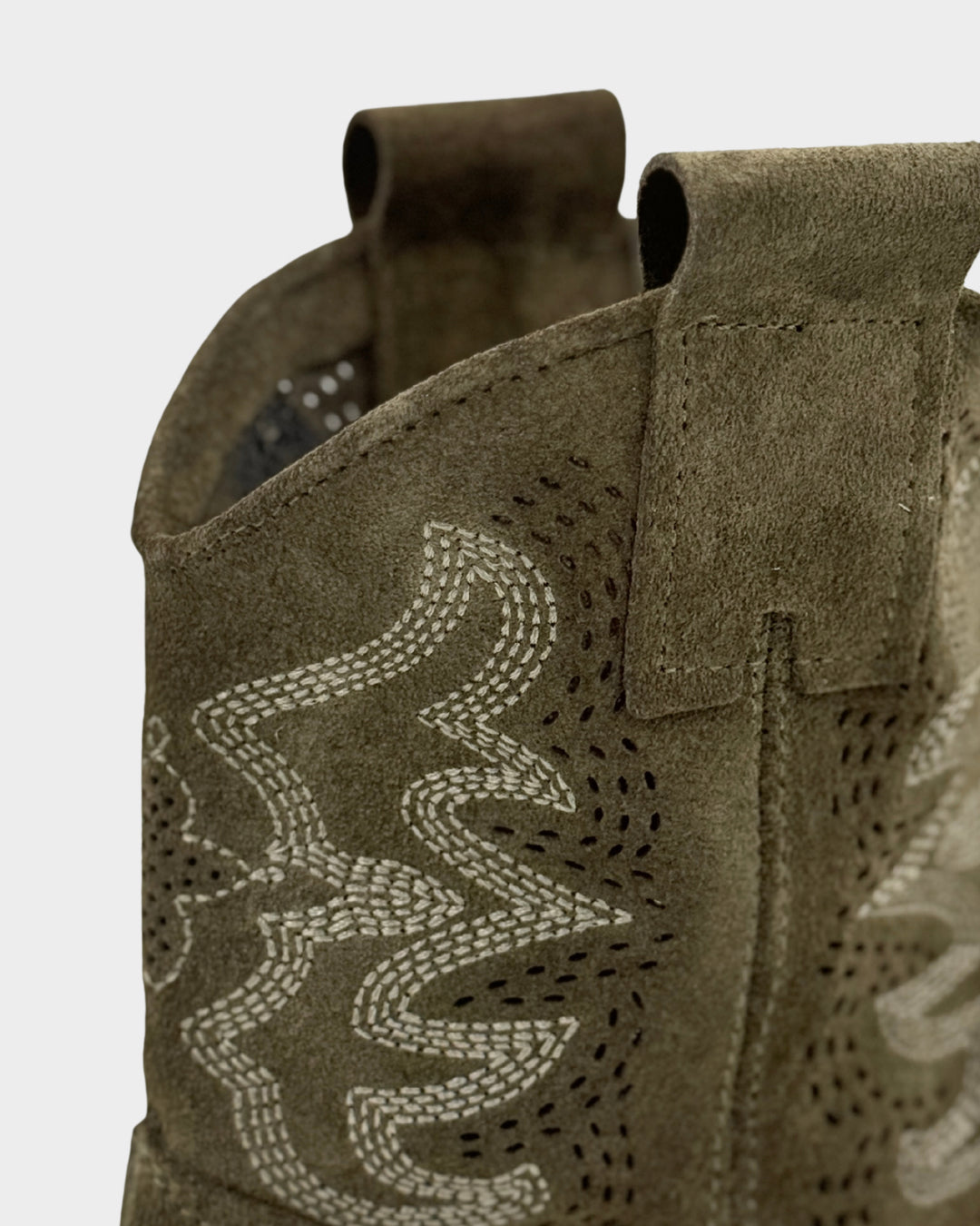 Close-up of a brown leather bag with decorative stitching on a light gray background
