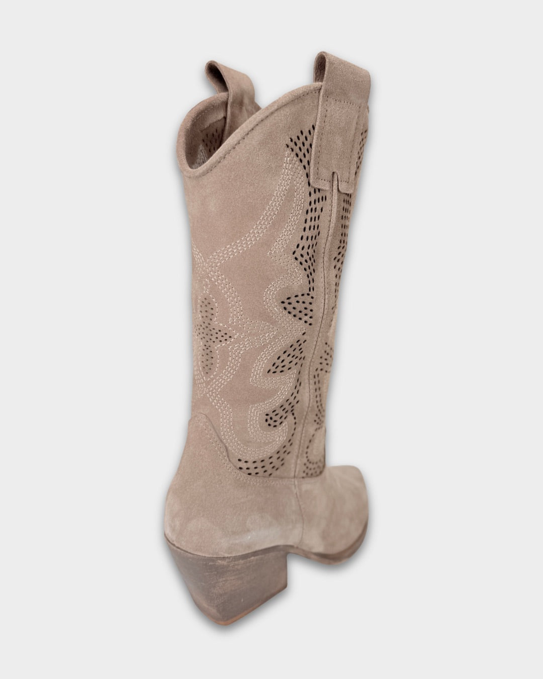 Beige knee-high sock with textured pattern on a light gray background