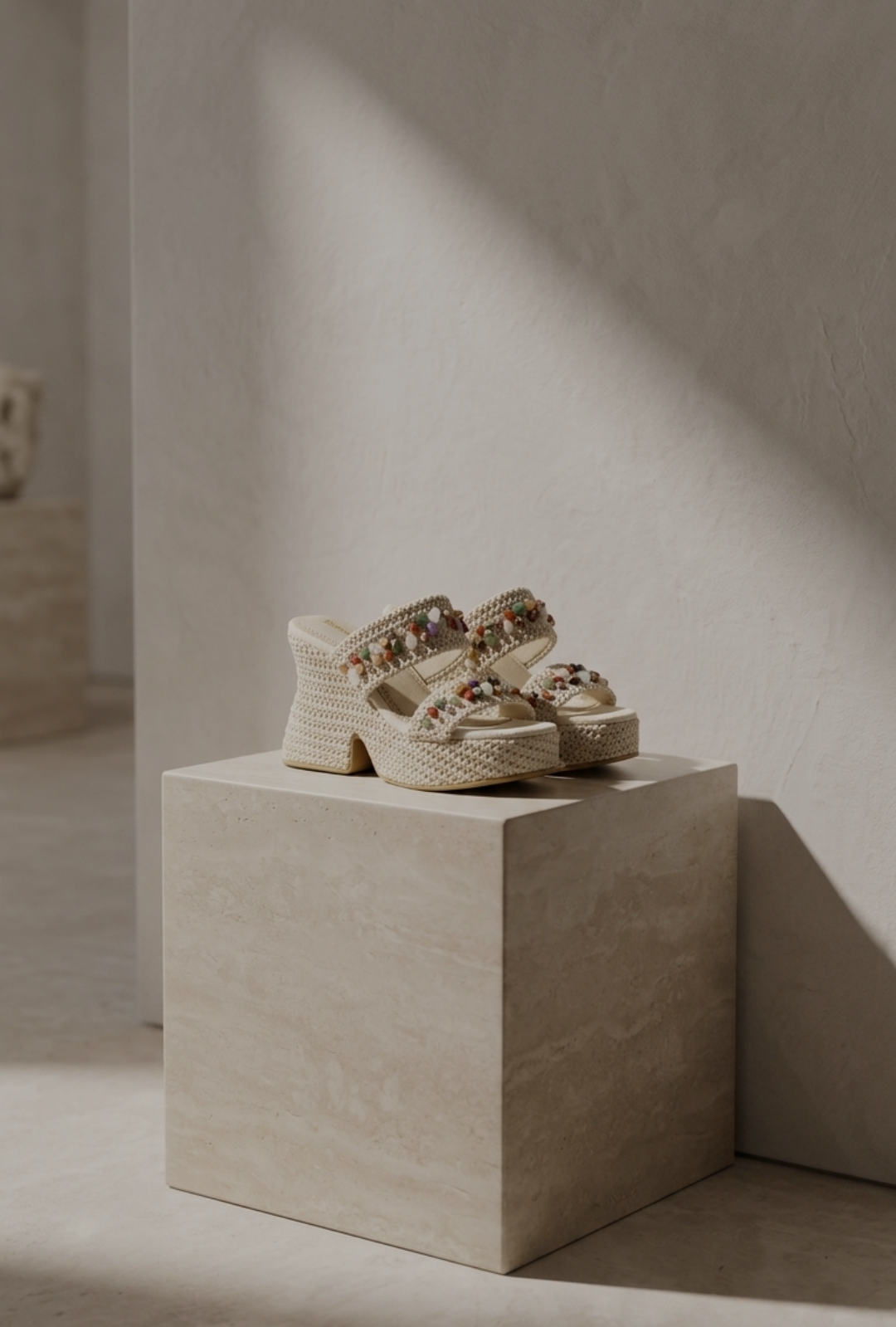 Pair of sandals on a beige cube with soft lighting
