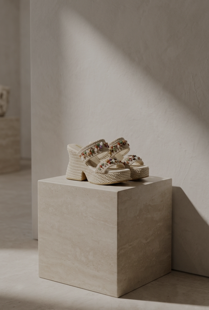 Pair of sandals on a beige cube with soft lighting