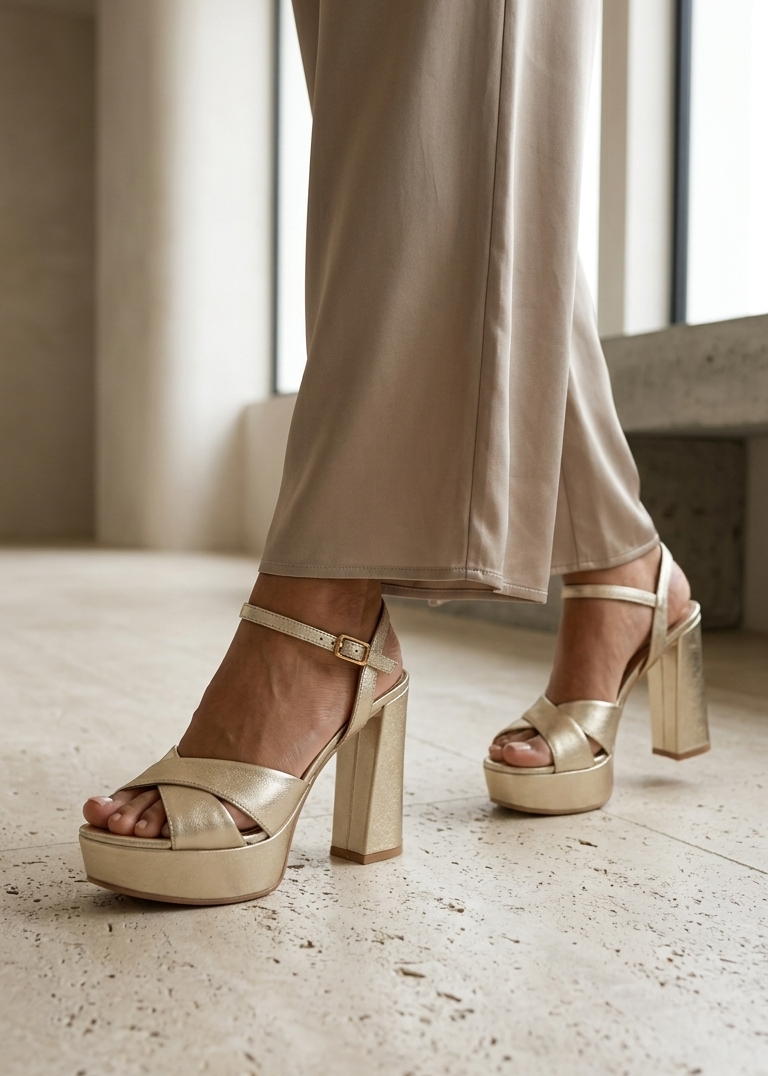 A person wearing beige satin pants and metallic gold platform block-heel sandals with ankle straps, standing on a light stone floor in a minimalist indoor setting.