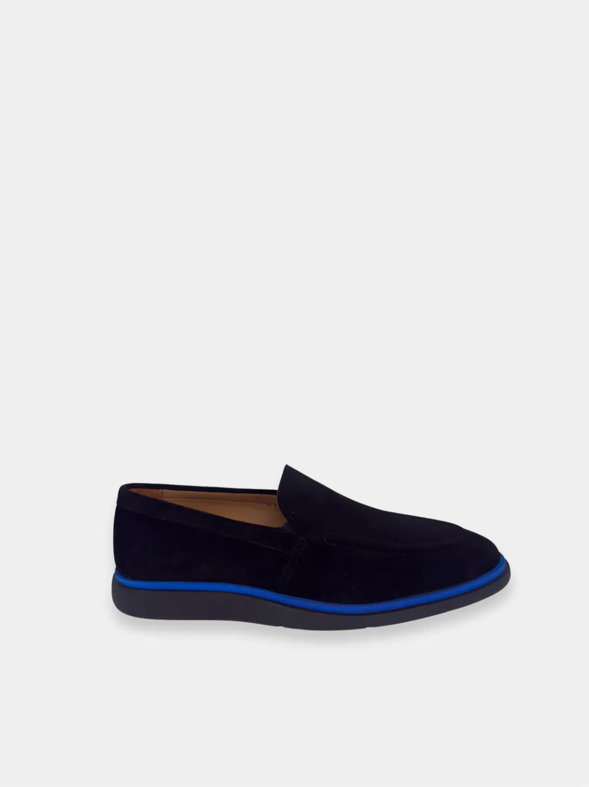 Black loafer shoe with blue sole on a white background