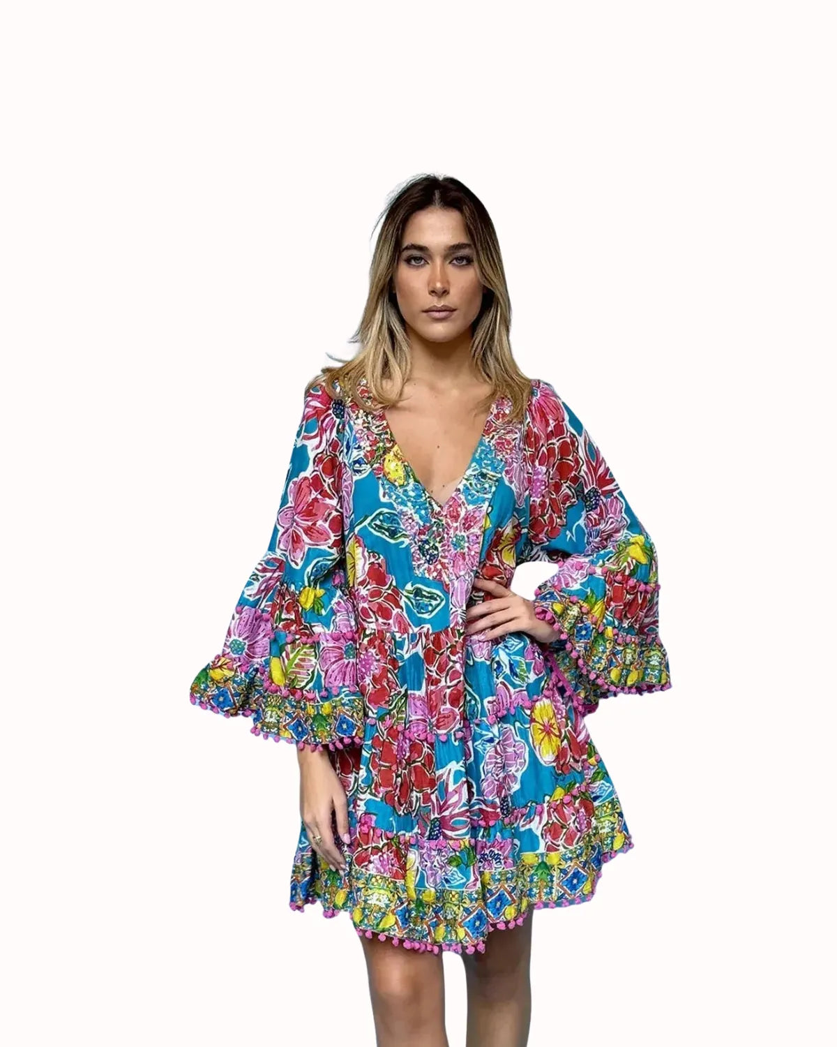 V NECK COLORFUL DRESS