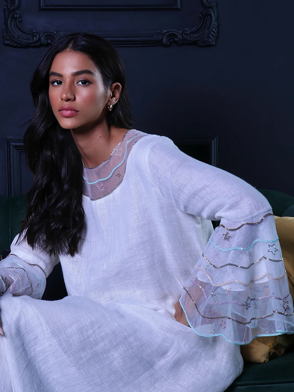 Waves Bell Sleeves Linen Abaya-Abayas-KURUNKOO- Pointure.AE